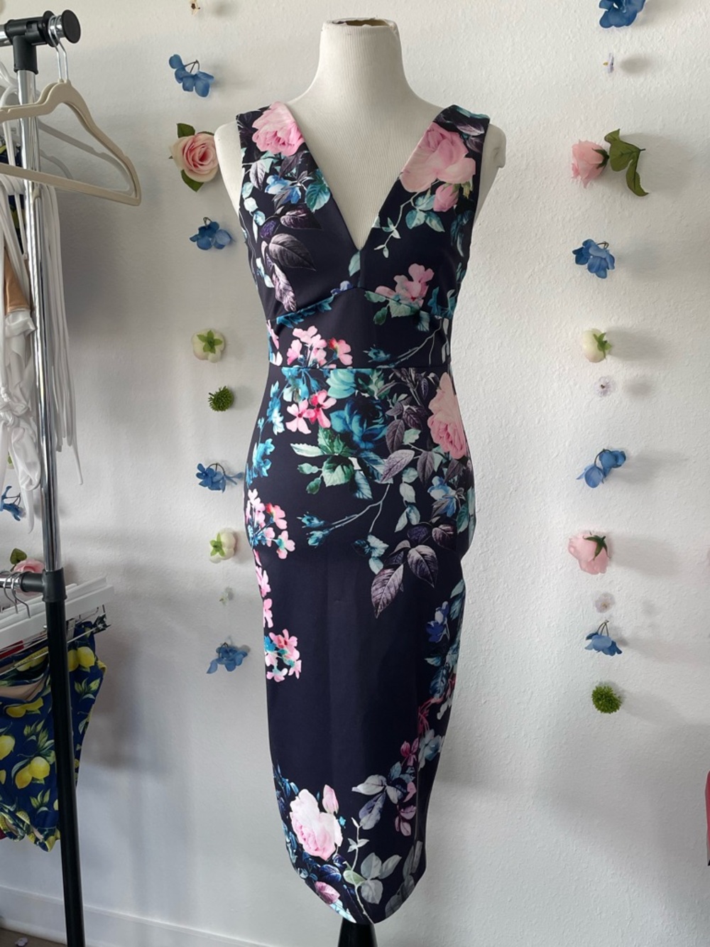 ASOS Navy Midi Dress with Pink and Teal Floral Print